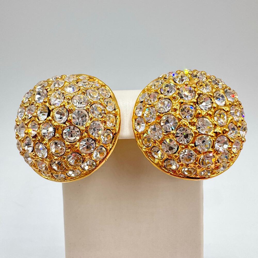 Vintage Big Chunky Crystal Rhinestone Pave Dome Clip On Earrings Gold Tone Glam
